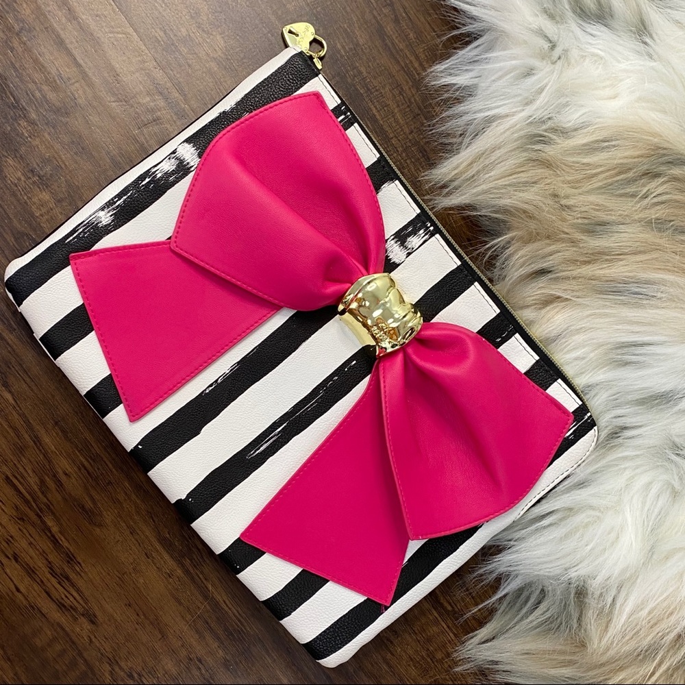 Betsey Johnson Pink Black and White Striped Clutch